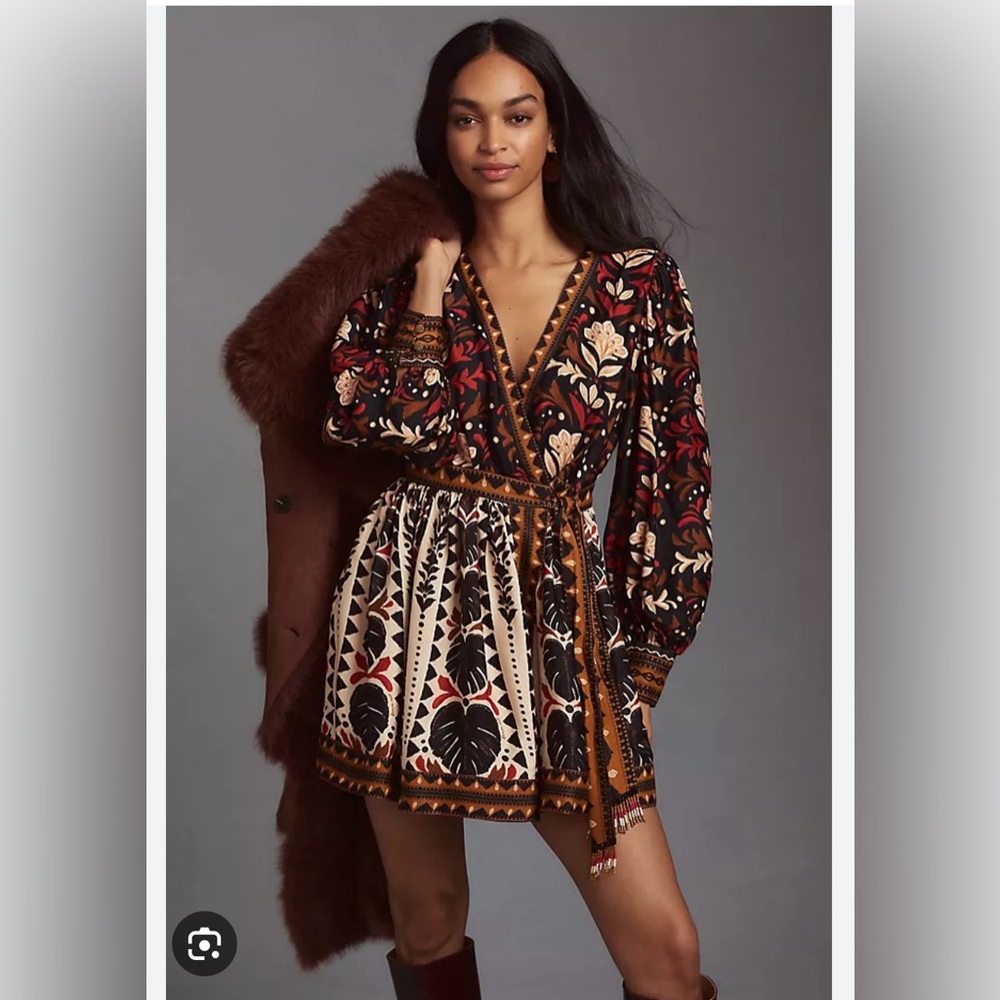 Farm Rio Multicolor Tapestry Garden V Neck Wrap Mini Dress NWT